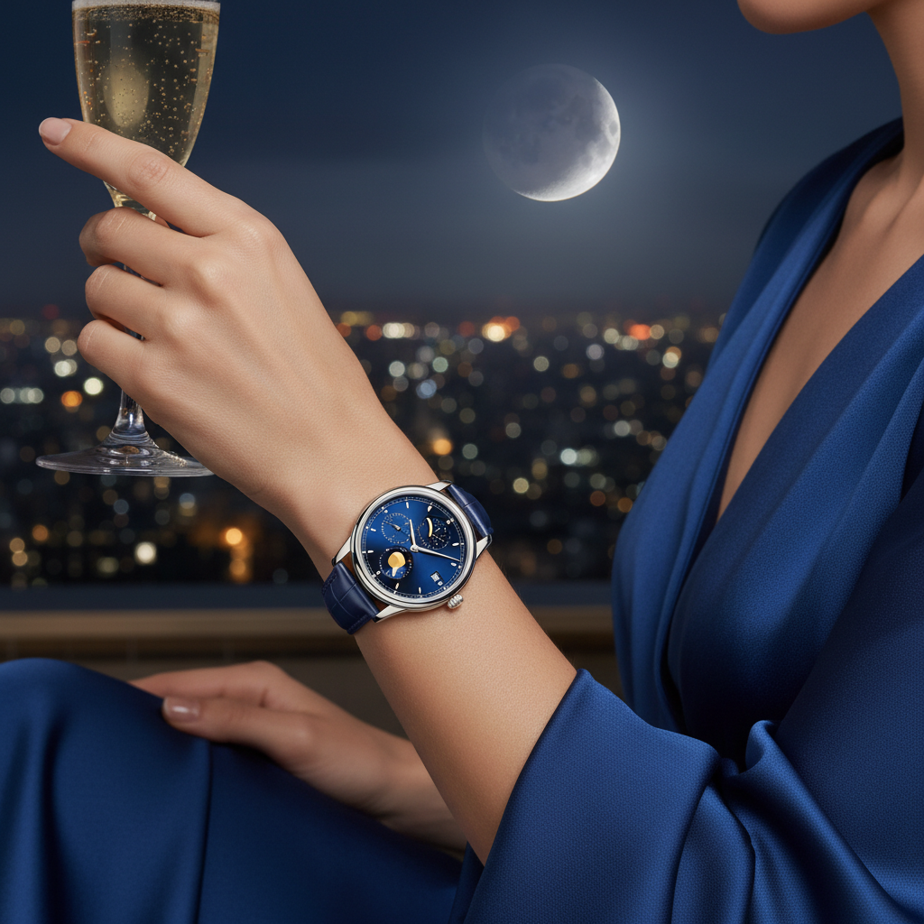 Celestial Moon Phase Watch lifestyle rooftop night shot