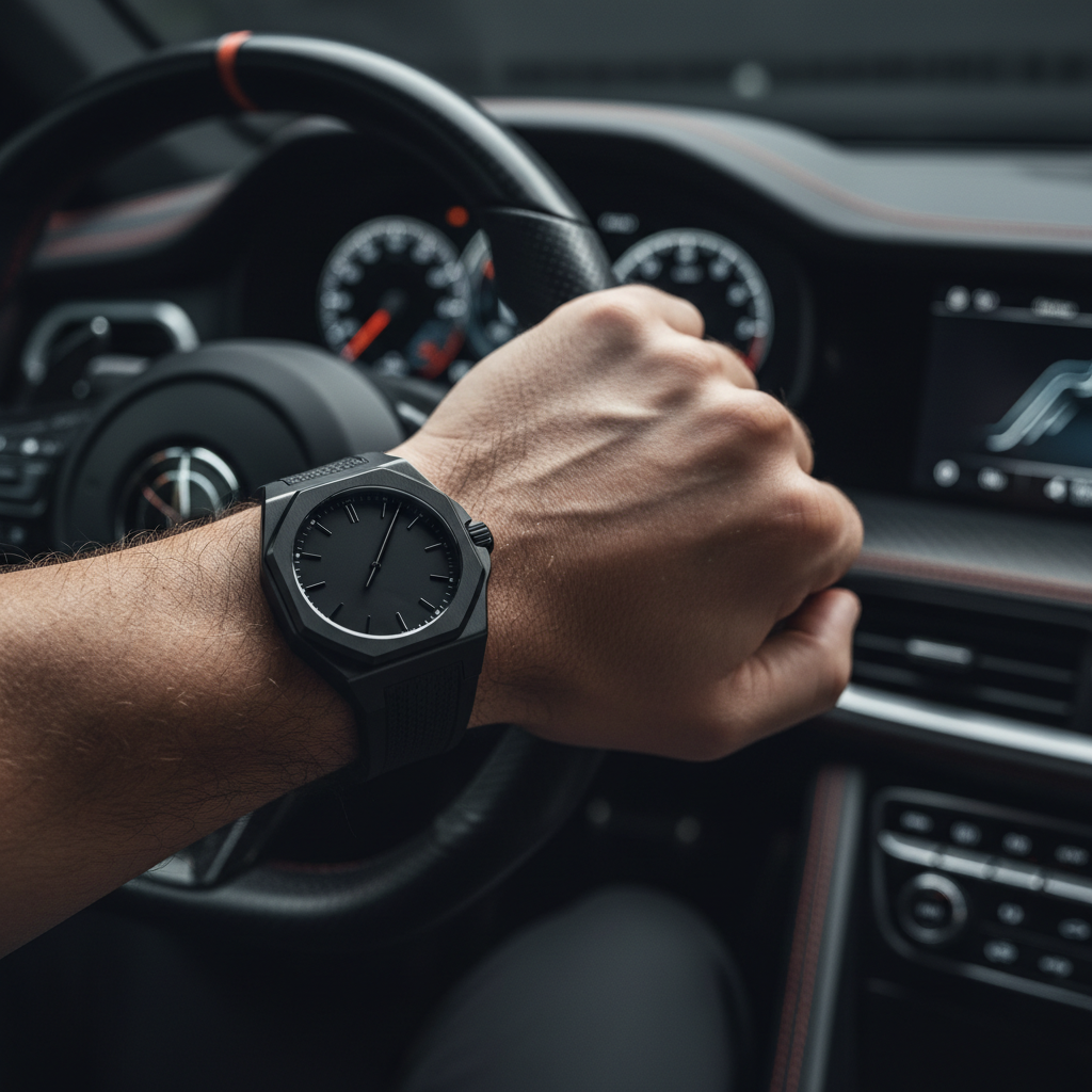 Black Ceramic Stealth Watch lifestyle sports car shot
